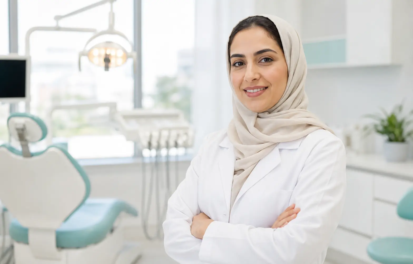طبيبة أسنان سعودية داخل عيادة حديثة
