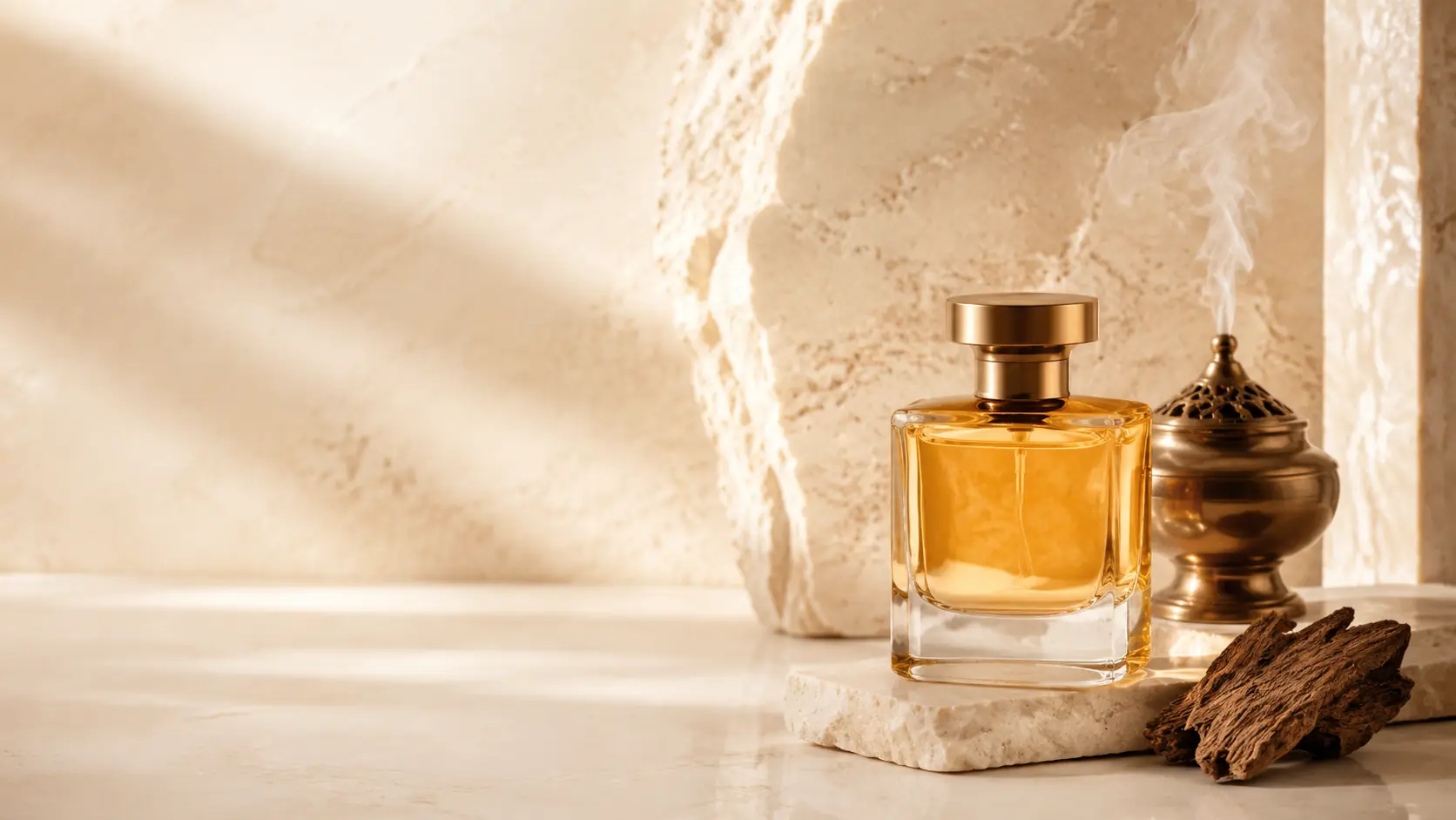 زجاجة عطر عربية فاخرة مع بخور وخشب