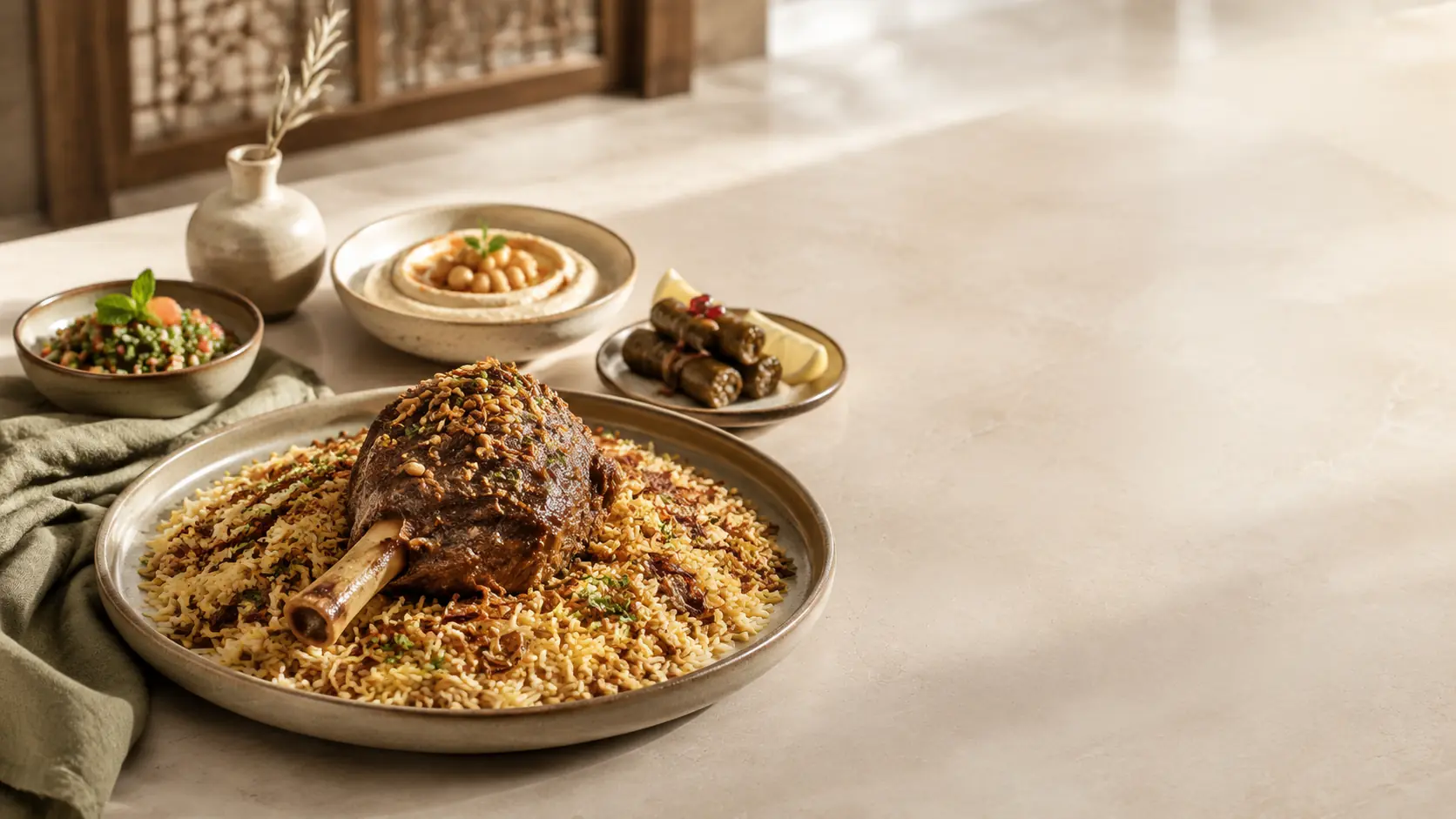 مائدة سعودية معاصرة تضم طبق أرز ولحم ومقبلات